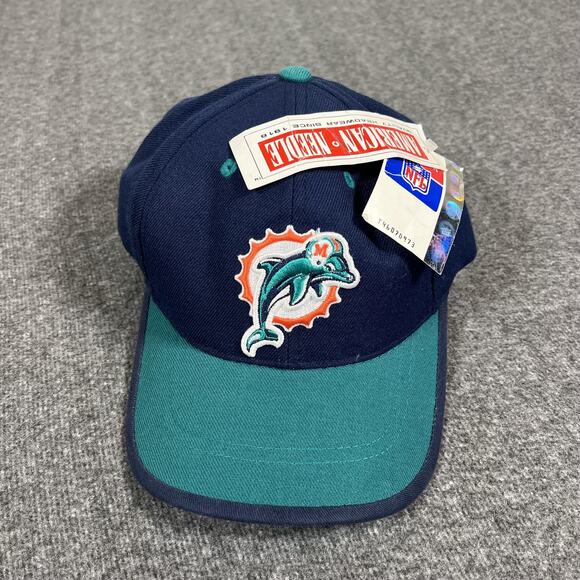 Vintage Miami Dolphins Hat Cap Strap Back Navy Teal NFL Football Mens 90s - Picture 1 of 13